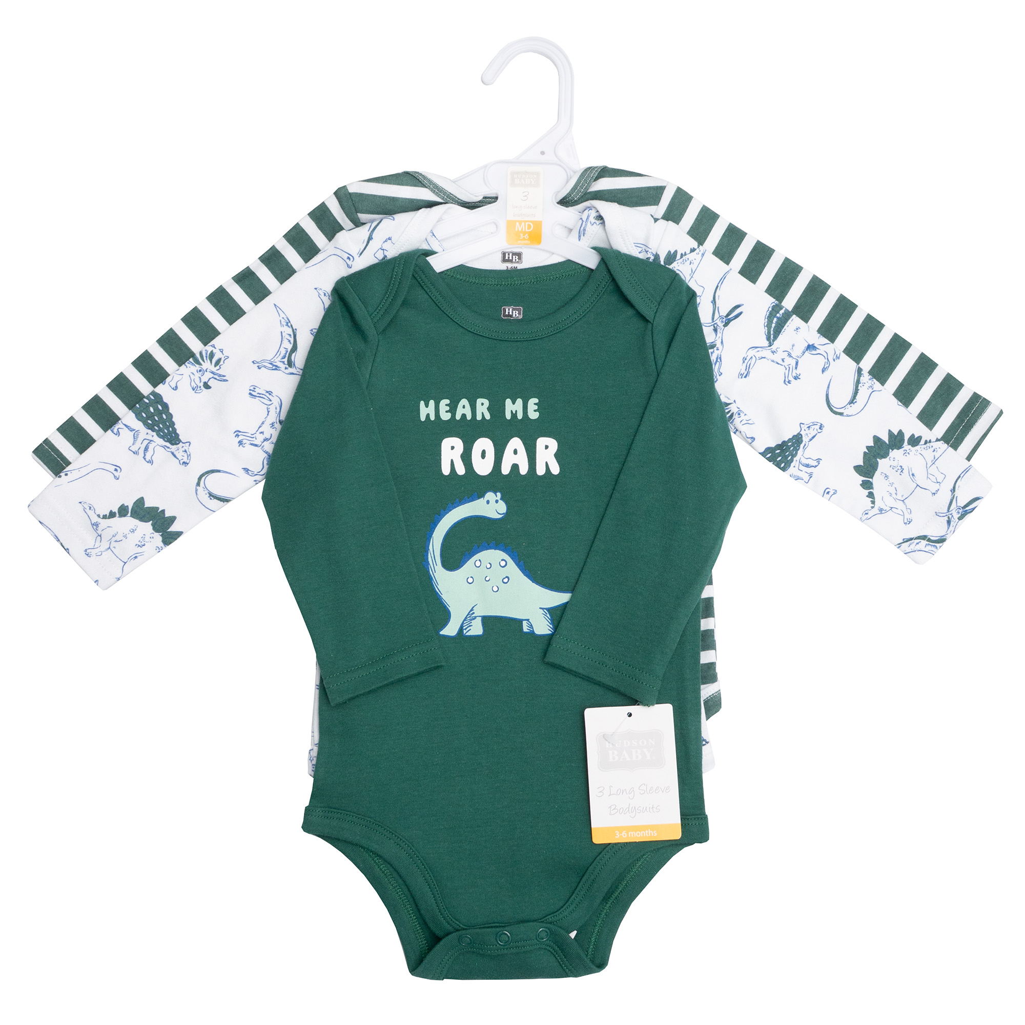 Hudson Baby Infant Boys Cotton Long-Sleeve Bodysuits 3-Pack, Hear Me Roar Dino, 6-9 Months