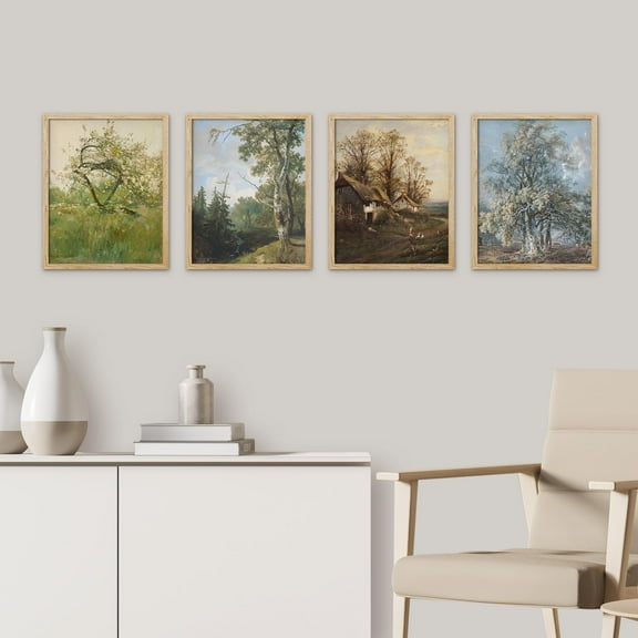 PixonSign Framed Wall Art Vintage Orchard and Countryside Scenes Prints, Set of 4 Rustic Nature Landscape Paintings, Minimalism Wall Décor, Adhesive Canvas Poster for Home Decor - 11"x14" Natural