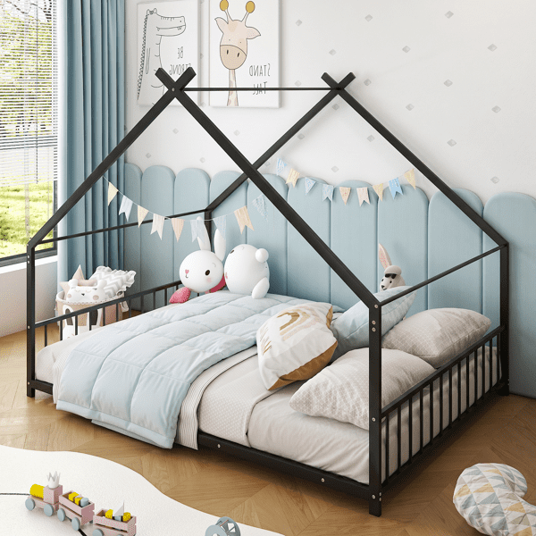 Alvantor Full Size Kids Metal House Bed with Guardrails and Slat Support, Black