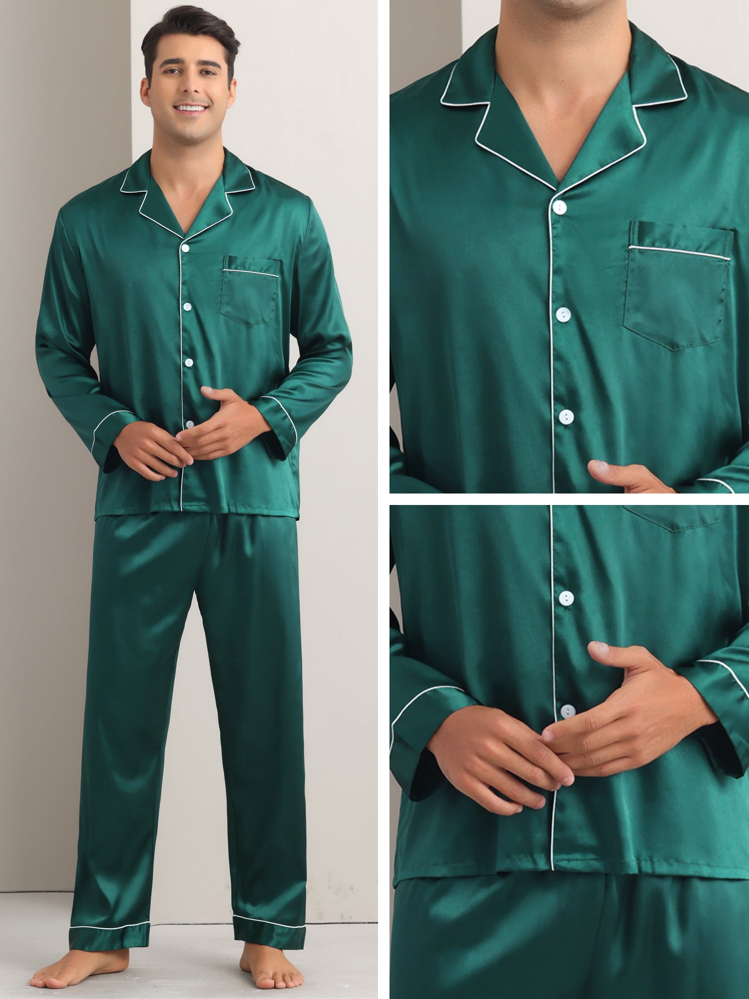 DARING DIVA Men's 2-Piece Homewear Button Down Long Sleeve Shirt S Dark Green