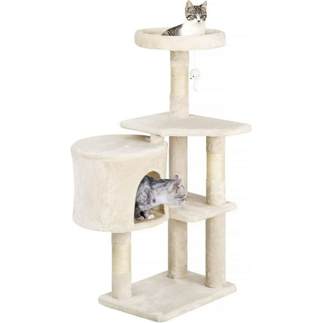 FDW BestPet Cat Tree 36 Inch Tall Scratching Toy Activity Centre Cat Tower Condo Multi-Level Furniture Scratching Posts for Indoor Cats, Beige. This compact cat tree features multiple levels, including a cozy condo, platforms, and a top perch for lounging. Durable sisal-wrapped posts provide scratching surfaces, while the neutral beige color blends with home décor. Suitable for small spaces and designed for stability and safety.