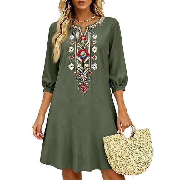 Guieoi Cotton-Linen Dresses for Women Bohemian Embroidered Dress V-Neck 3/4-Sleeve Casual Loose-Fit Dress Green M