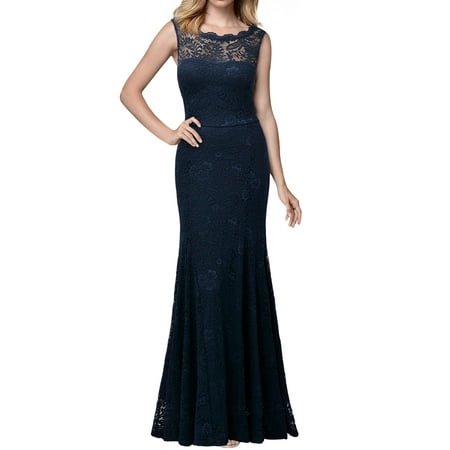 MIUSOL Women's 1920'S Retro Floral Lace Sleeveless Halter Bridesmaid Long Dresses for Women (Navy Blue 3XL)