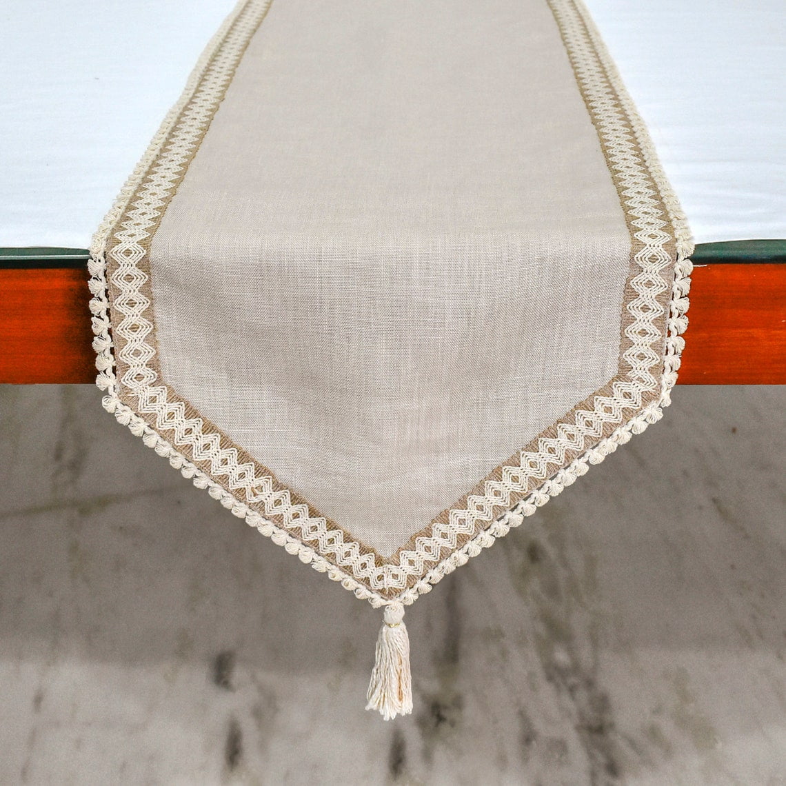 The HomeCentric Decorative Beige Table Runner Coffee Table Runner (14 x 36 inch) Lace, Tassels, Linen fabric Table Linen, Bordered Pattern Contemporary Style - Timeless Linen Loom