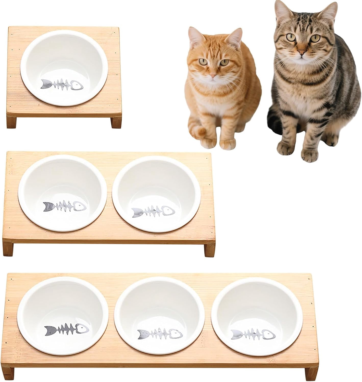 3 Bowls Cute Ceramic Pet Dish, Durable Elevated Dog Bowl, Slanted for Digestion, Anti-Slip Cat Food Bowl with Stand for Cats Dogs Small Pets Easy to Indoor Water (White) P