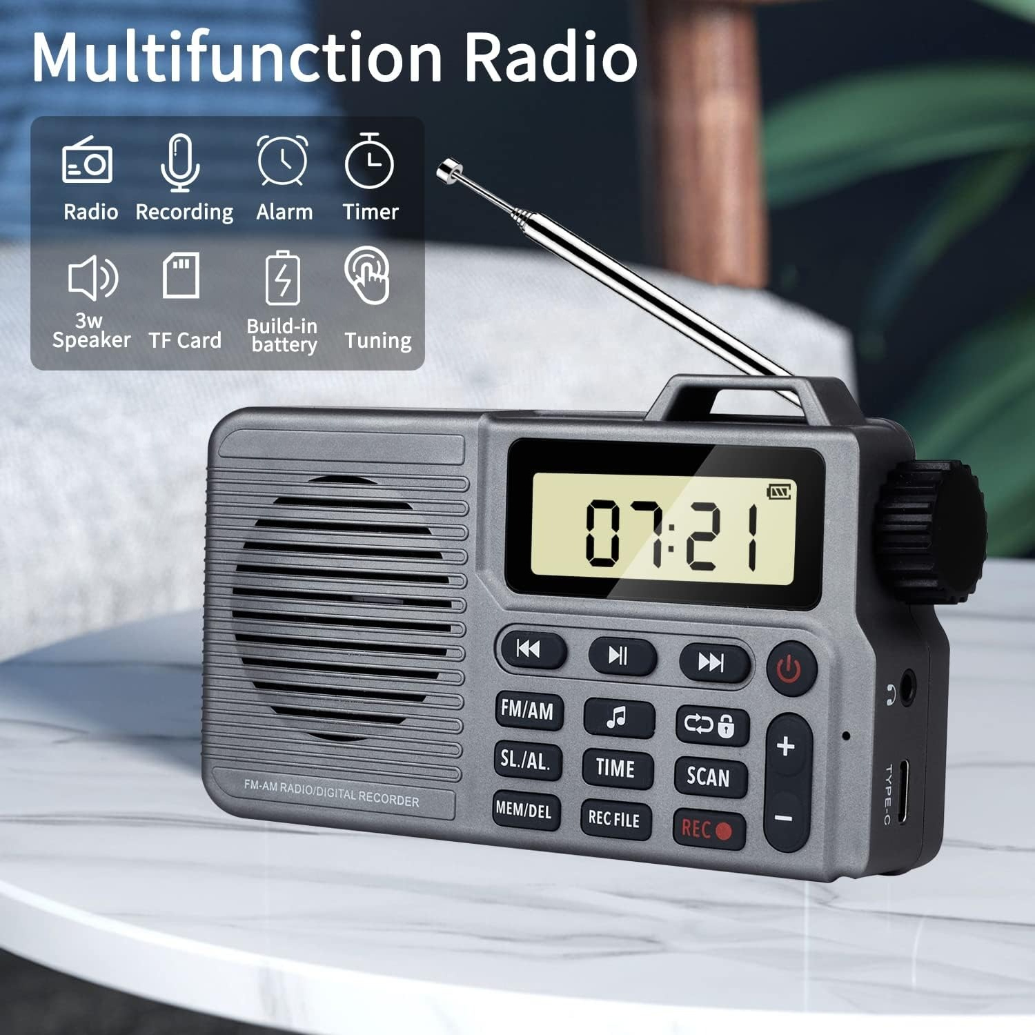 Portable AM/FM Radio with Bluetooth Speaker, Recording, Alarm Clock, and Long Battery Life | Compact Design for Home, Outdoor, and Travel