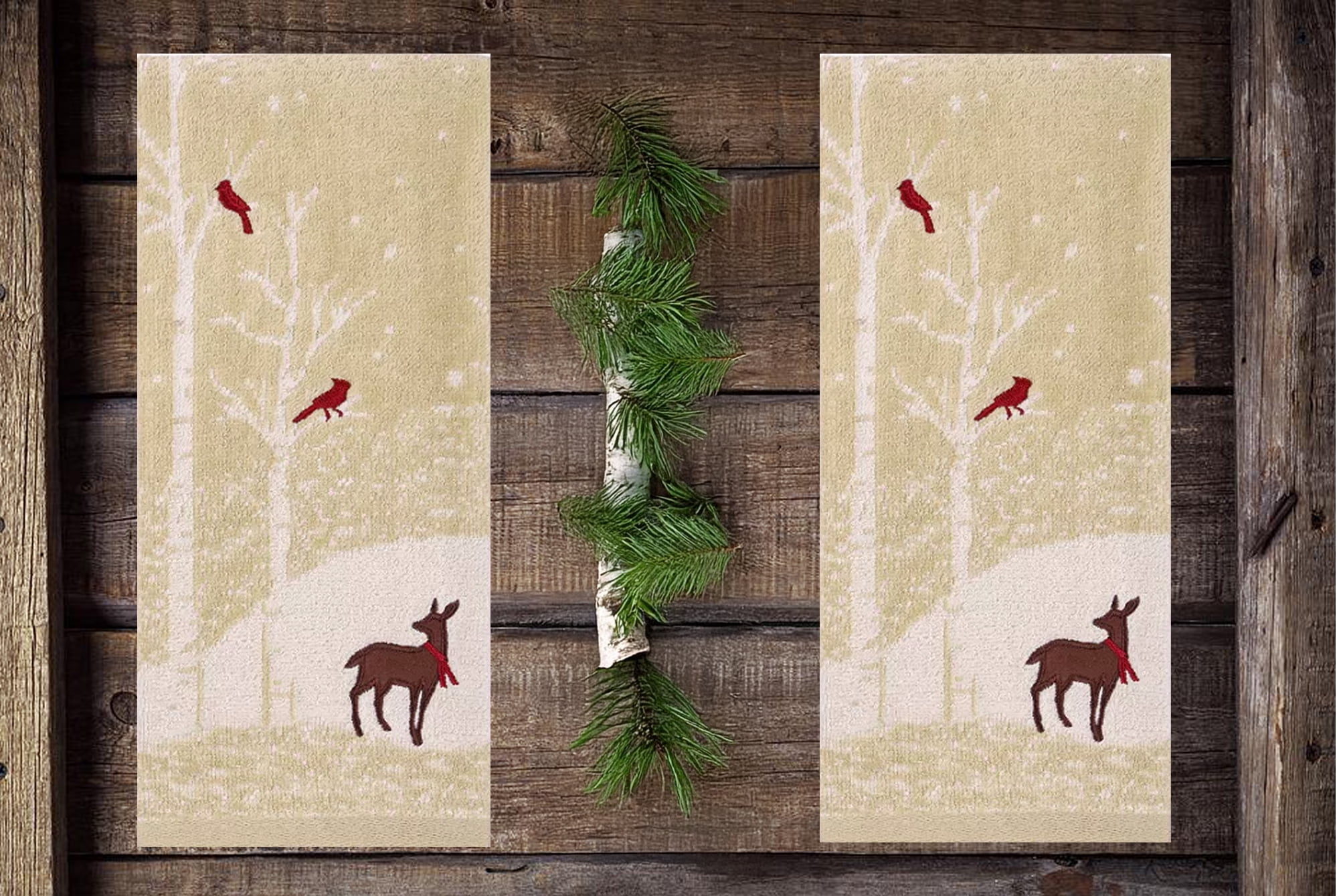 St. Nicholas Bath Hand Towels, Woodland Winter Deer Cardinals, 16" x 25" Cotton 2-piece