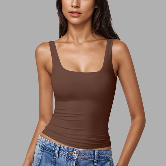 Vmvidoty Tank Tops for Women Square Neck Sleeveless Double-Layer Tank Tops Basic Tight T Shirts Coffee XXL