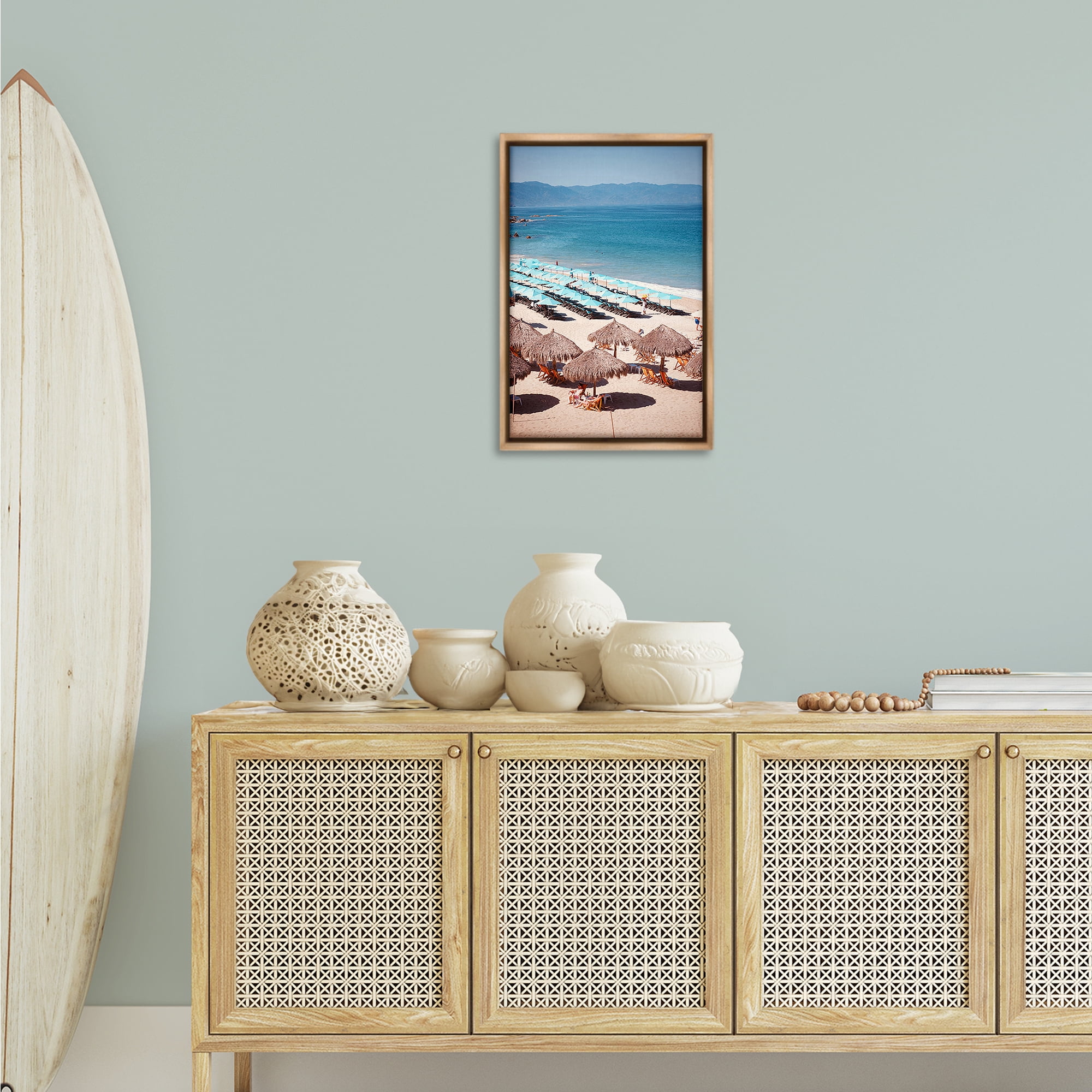 Stupell Industries Beach Canopies View Nautical & Beach Photography Brown Floater Framed Canvas Art Print Wall Art, 17 x 25