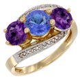 thumbnail image 1 of 14K Yellow Gold Natural Tanzanite & Amethyst Sides 3 stone Ring Round 6mm Diamond Accent, size 7.5, 1 of 2
