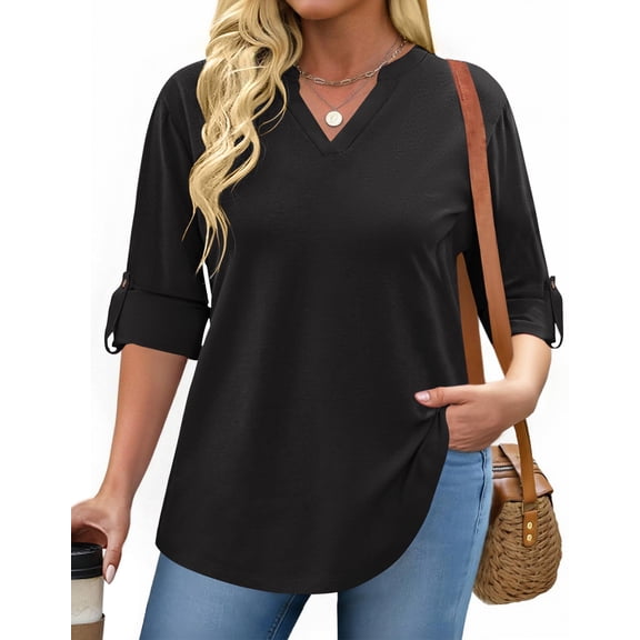Zeagoo Womens Plus Size Long Sleeve Tops V Neck Plaid Roll Up Shirts Basic Casual Work Blouses