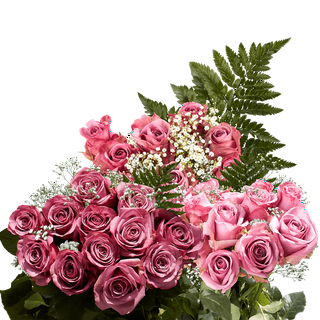 One Dozen Pink Roses with Baby's breath and Green- Fresh Flower