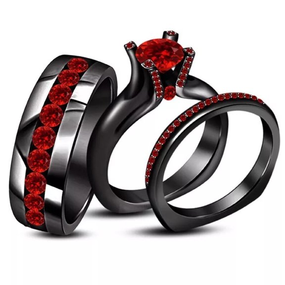 2Ct Round Cut Simulated Garnet His & Her Trio Ring Set 14K Black Gold Plated Silver