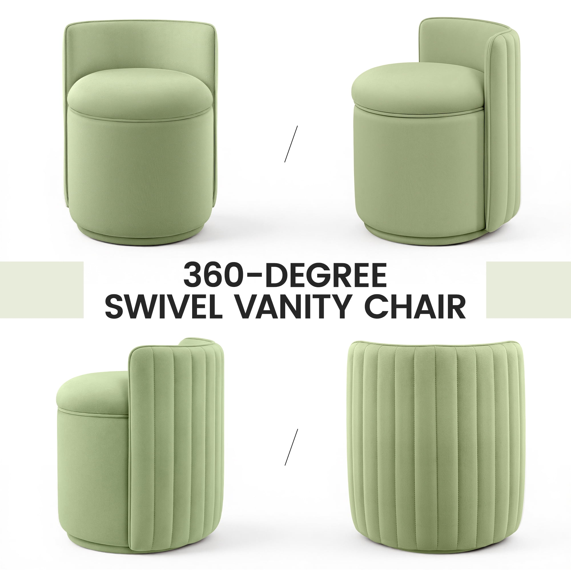 COOLHUT Vanity Chair, Upholstered Vanity Stool with Storage, Velvet Swivel Accent Chair, No Assembly Small Accent Stool, Makeup Chair for Bedroom, Living Room and Dressing Area, Green