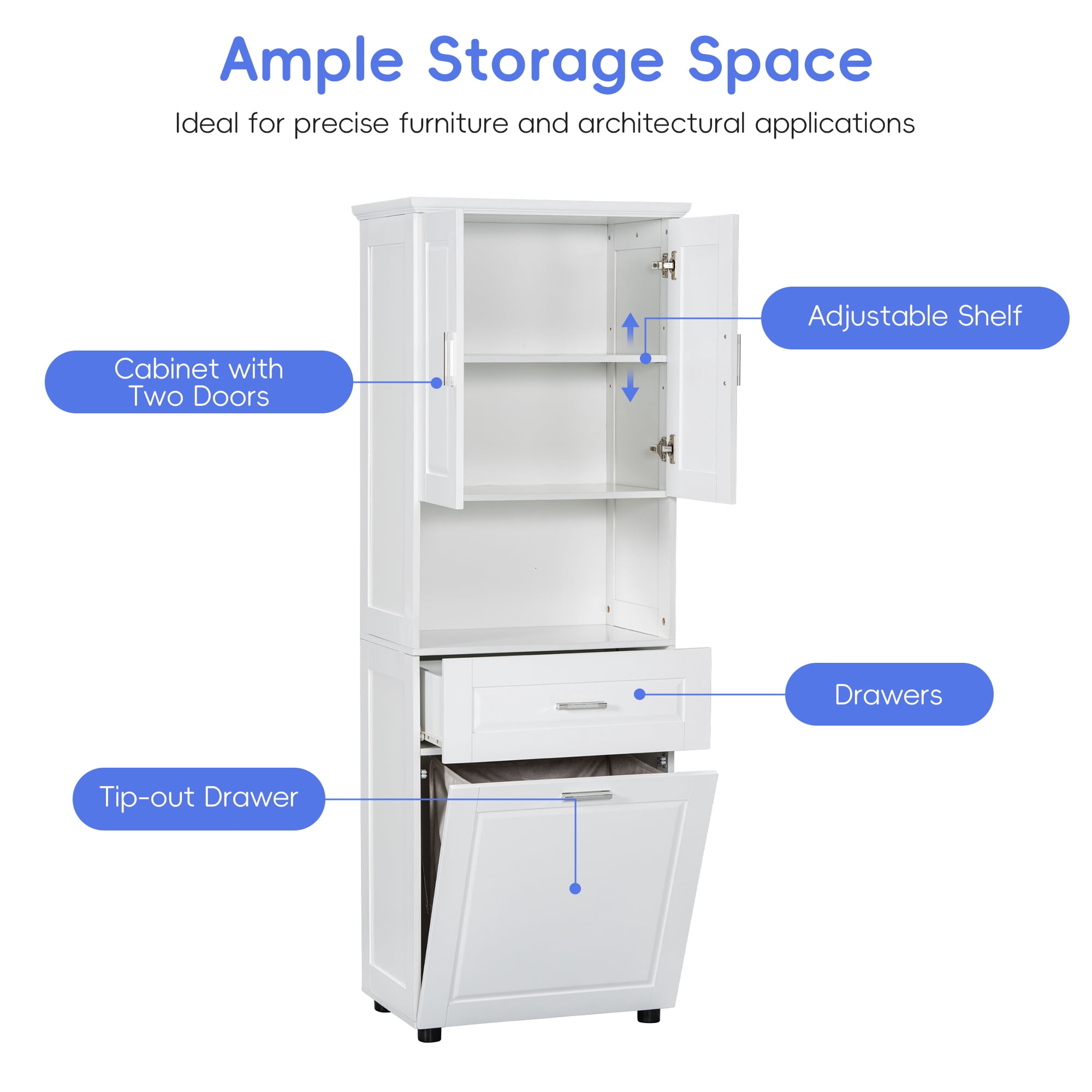 Leumius 70" Tall Bathroom Storage Cabinet with Drawer & Laundry Basket，Modern Freestanding Tilt-Out Laundry Hamper and Upper Storage Cabinet,White