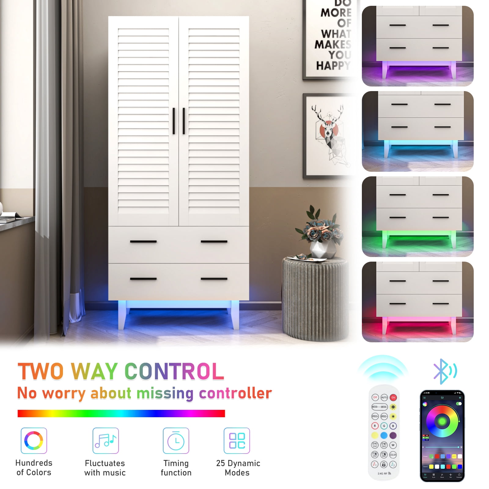 Blotout 70” Tall LED Armoire Wardrobe with Mirror & 2 Drawers, 2 Door LED Wood Wardrobe Armoire with Multi-Layer Shelves & Hanging Rod, Large Capacity Storage Cabinet w/Louver Doors, White