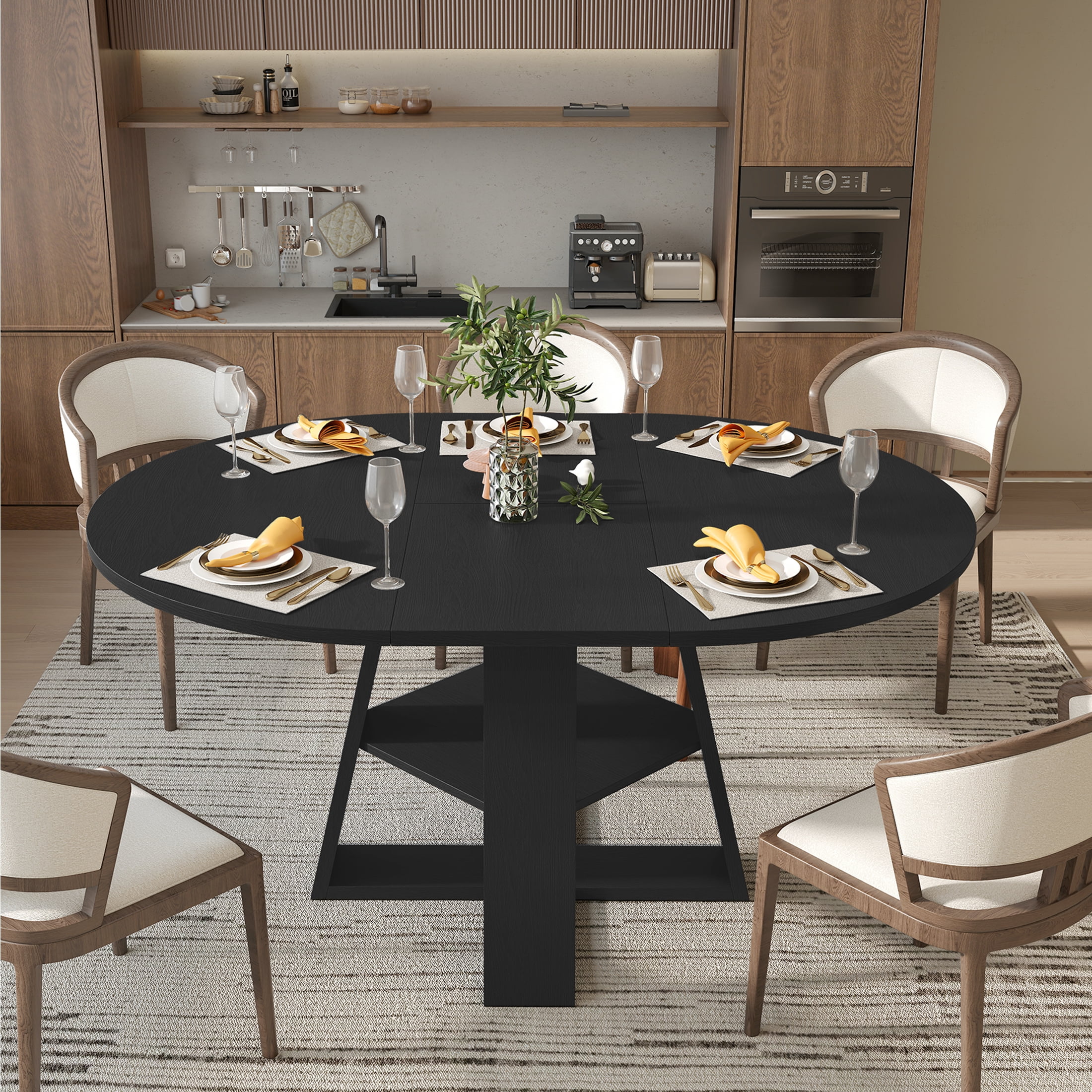 Hawsaiy 43.3-59 in Extendable Oval Dining Table for 4-6, Space-Saving Round Kitchen Table with Hidden Leaf Storage & Bottom Shelf for Small Space, Black