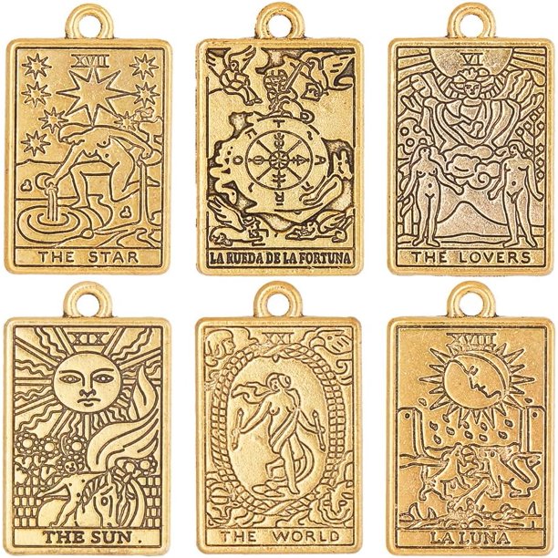 1 caja de 36 amuletos de tarot dorados con forma de luna, sol y estrella. Amuleto rectangular de la suerte.