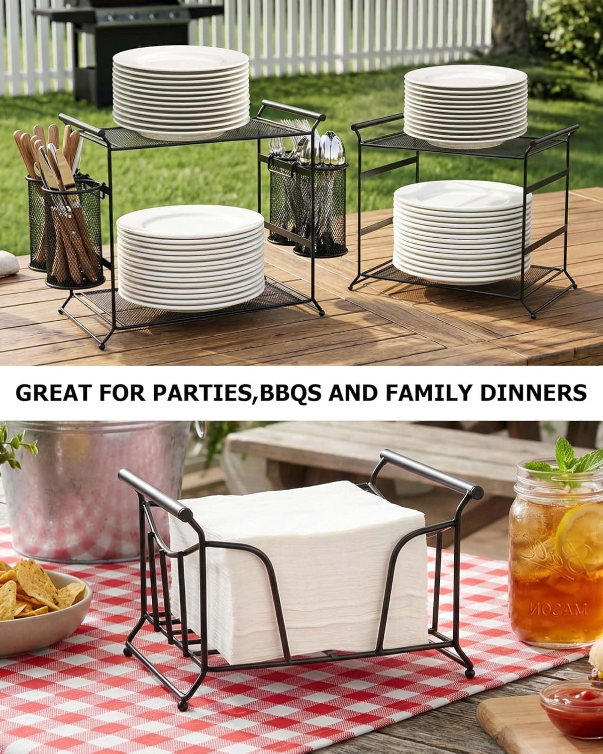 3-Tier Plate Organizer, 7-Piece Set Stackable Paper Plate Organizer, Detachable Mesh Buffet Caddy and Silverware Organizer