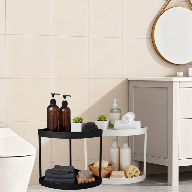 Estante en esquina del baño | Organizador de almacenamiento de plástico independiente para artículos de aseo – Blanco/Negro | Estructura que ahorra espacio, 12,8"x11,2" | Diseño moderno y versátil