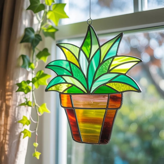 Potted Plant Acrylic Suncatcher Green Leaf Window Hanging, Botanical Ornament, Plant Lover Gift, Indoor Garden Sun-Catcher