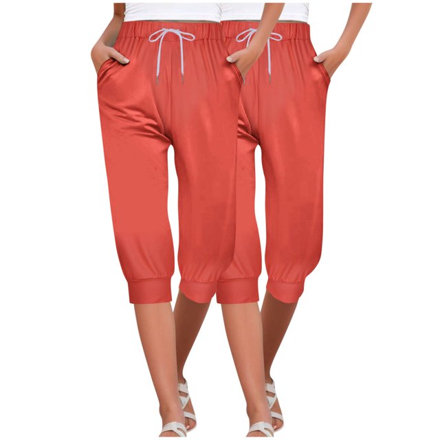 Timegard 2pc Capri Pants for Women Elastic High Waisted Drawstring Comfy Casual Crop Pants with Pockets