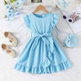 thumbnail image 2 of FAOWME Girls Summer Striped Flutter Sleeve Dress With Ruffled Hem & Adjustable Waist Belt Casual Round Neck Beachwear Sky Blue 5-6 Years, 2 of 7