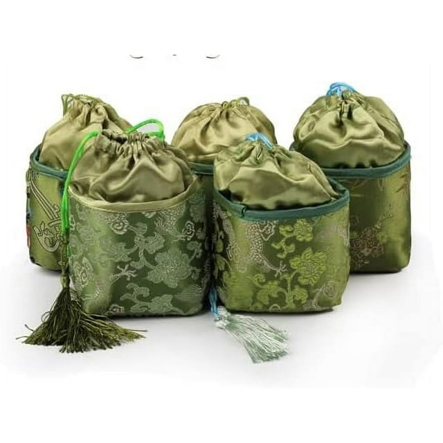 HUGFEGWE 2pcs Patchwork Luxury Silk Brocade Jewelry Bags Square Bottom Tassel Vintage Drawstring Gift Pouches Jewellery Storage Pouch with Lined Bags (Color : Green with randon pattern) CJB91-69170