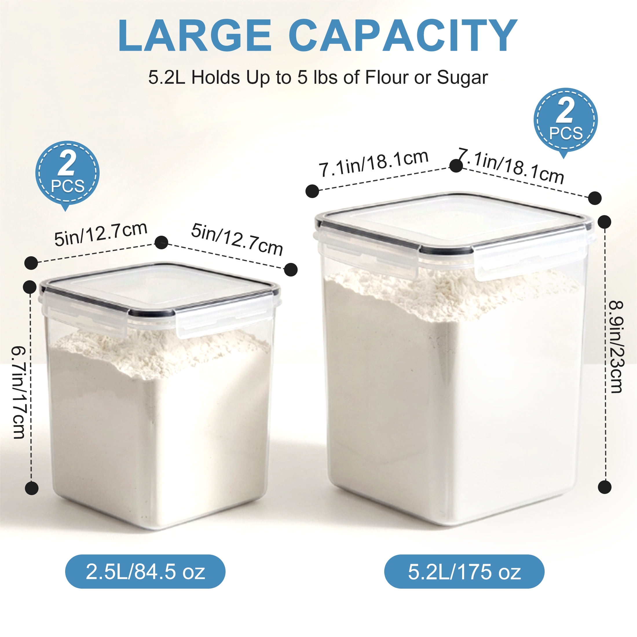 GARITIN 4 Pack Airtight Food Storage Containers with Lids, 2.5L & 5.2L Large Clear Canisters for Flour, Sugar, Pasta, Pantry Organization