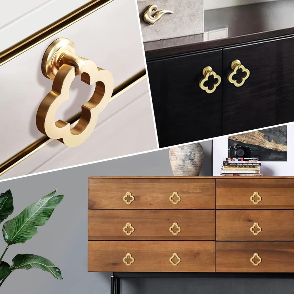 ABCISI 55mm Cupboard Knobs Cabinet Knobs with Modern Floral Knobs Design, Zinc Alloy Pulls Ring Dresser Knobs with Screws for Kitchen Bedroom & Bathroom, Solid Furniture Hardware (Gold,10 Pack)