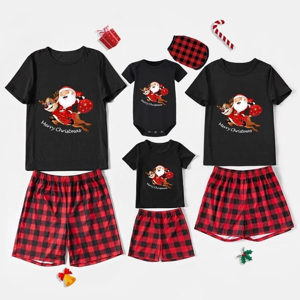 Pijamas familiares a juego de Navidad, diseño exclusivo de Papá Noel y ciervo, caja de regalo, conjunto de Pijamas cortos negros