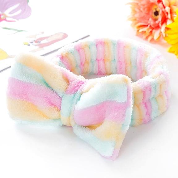 (Yellow and pink stripes) Face wash makeup sports hair towel headband with bow elastic band