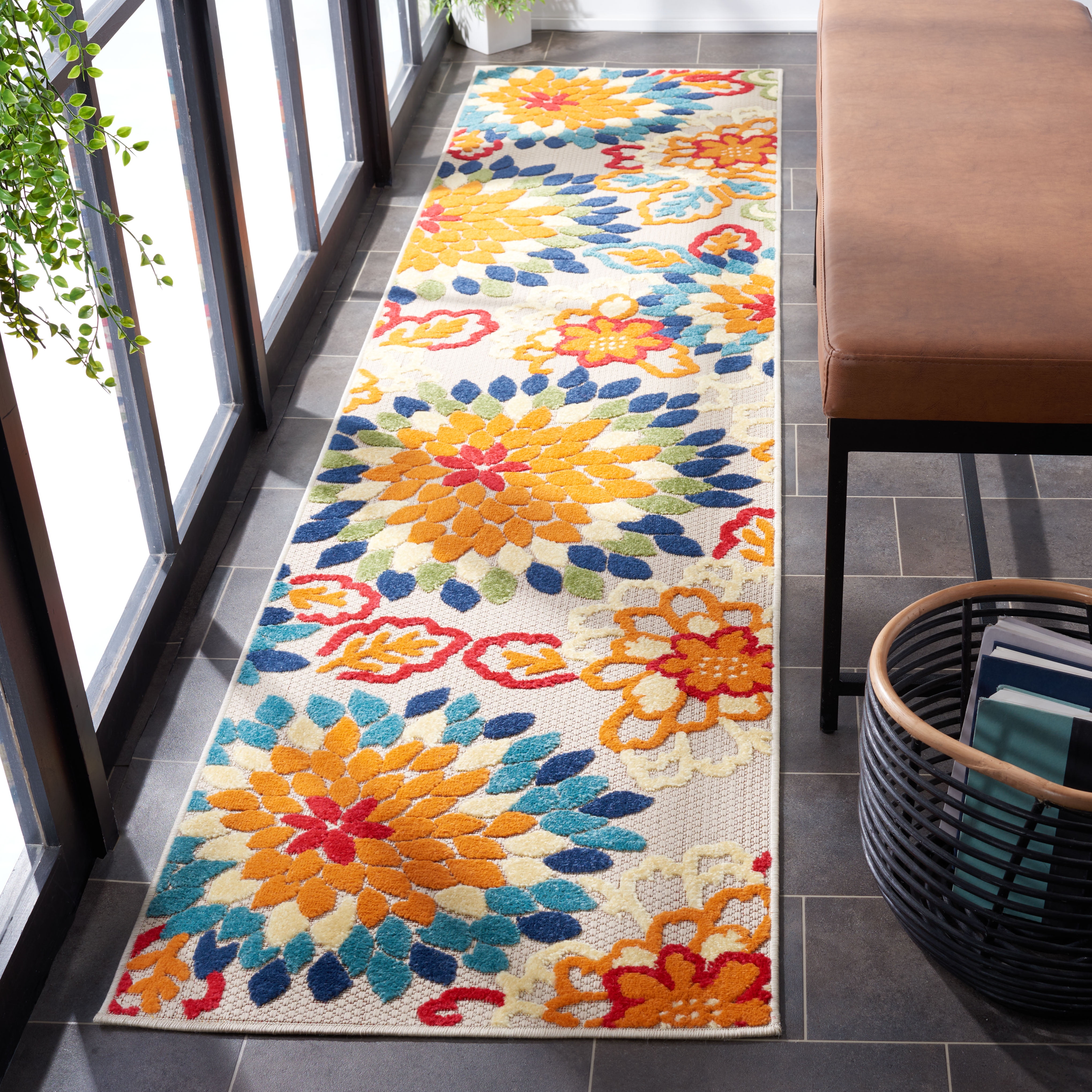 SAFAVIEH Cabana Michelle Floral Indoor/Outdoor Runner Rug, Ivory/Orange, 2'2" x 11'