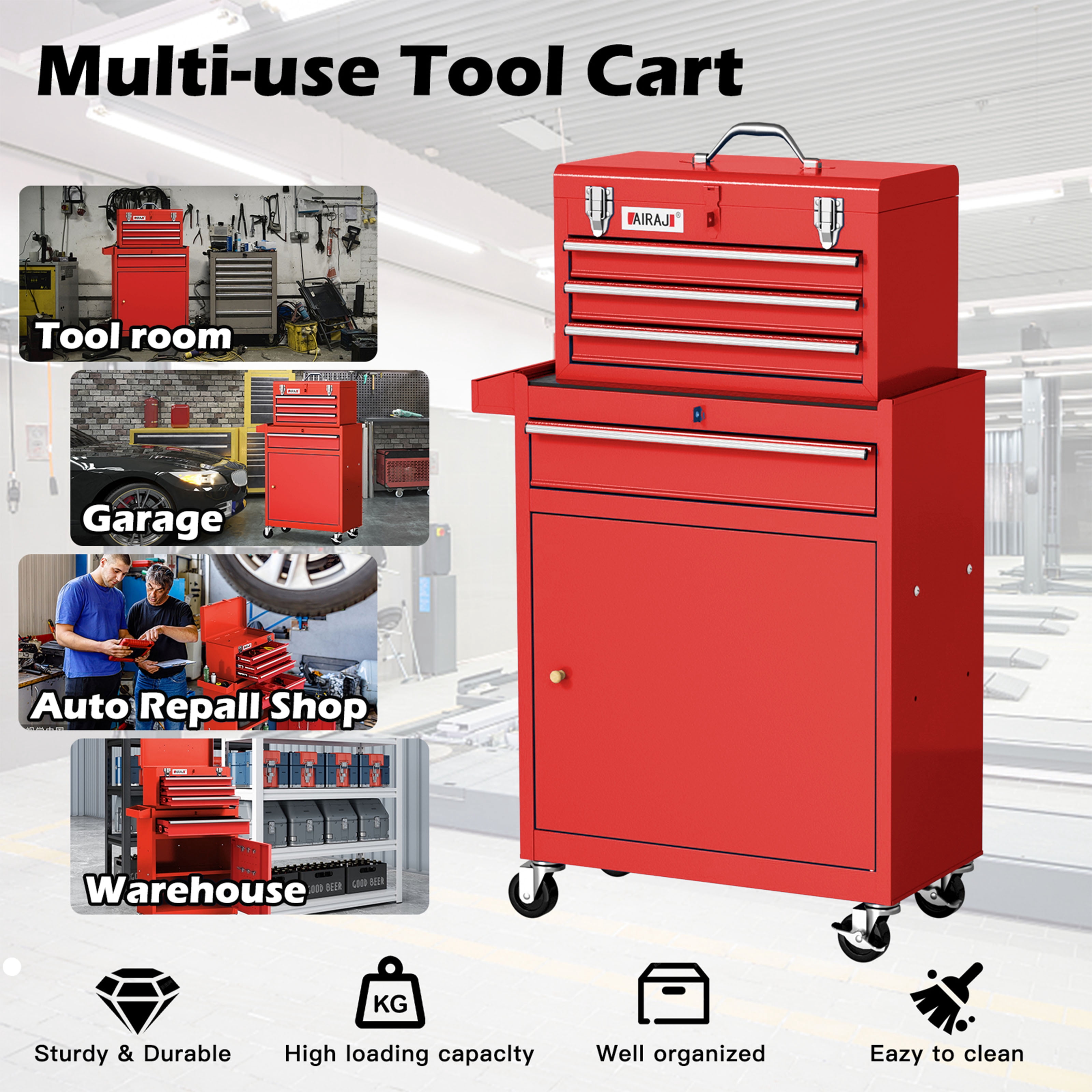 Tool Chest with Detachable Top Tool Box,Rolling Tool Chest with Drawer,Single Door Metal Garage Storage Tool Cabinet with Lockable Wheels