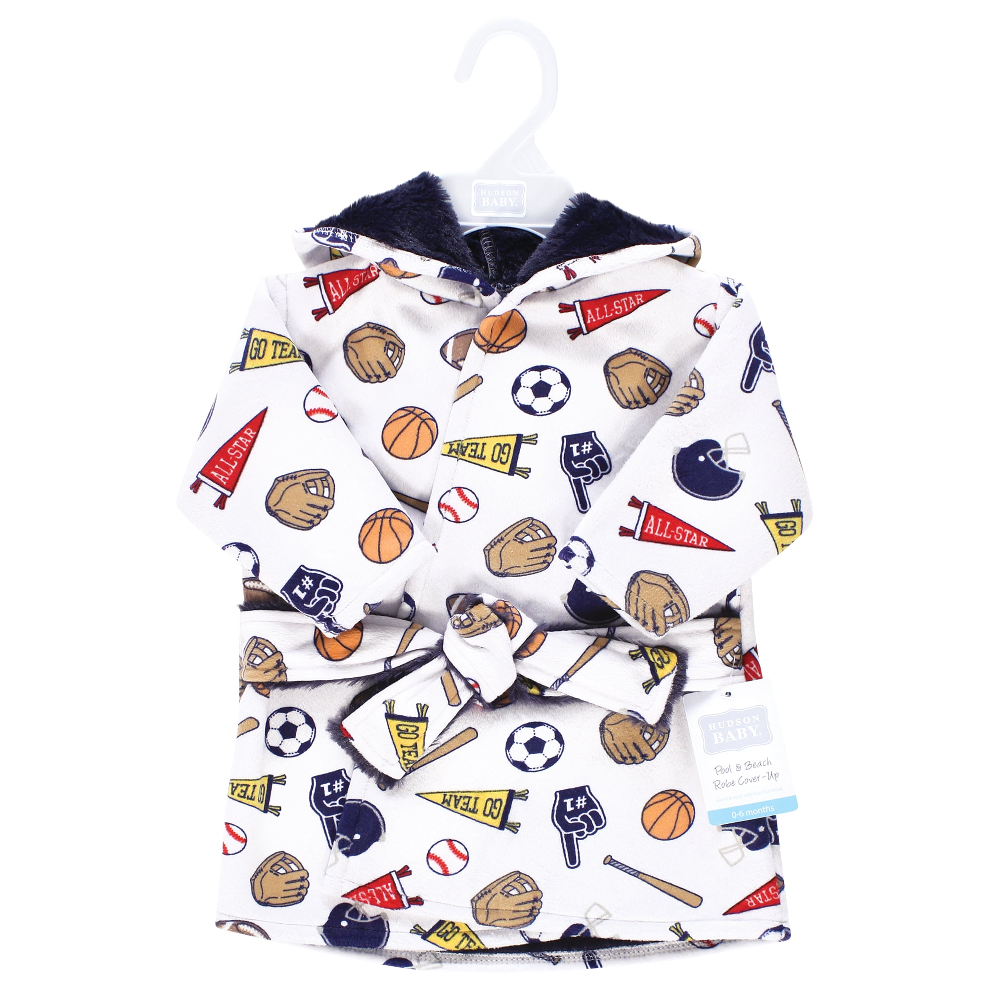 Hudson Baby Infant Boy Mink with Faux Fur Lining Pool and Beach Robe Cover-ups, Sports Fan, 0-6 Months