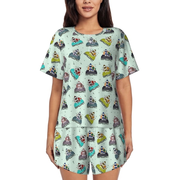 Fotbe Lighthouse Conjunto de Pijama Estampado para Mujer, 2 Piezas, Ropa de Dormir con Camiseta de Manga Corta y Shorts Suaves-Medium