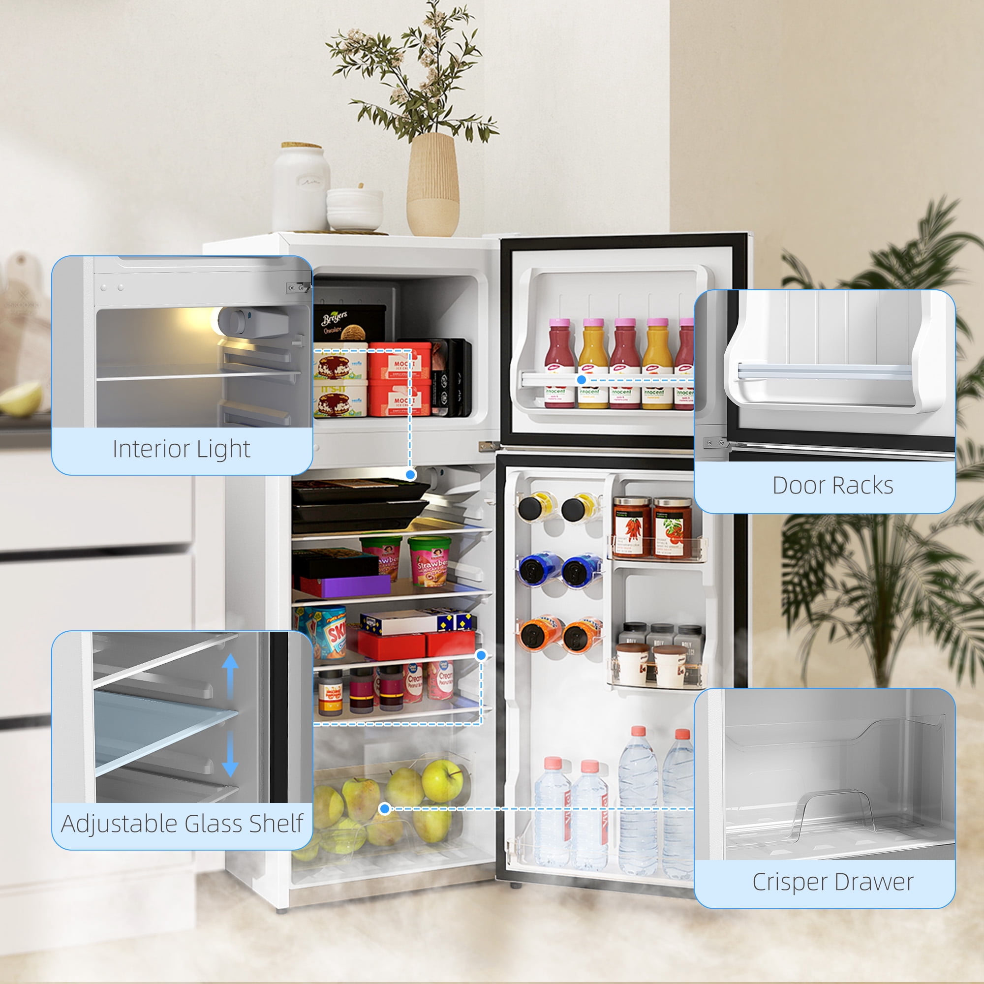 HOMCOM Small Fridge with Freezer, 4 Cu Ft Refrigerator with Shelves, White