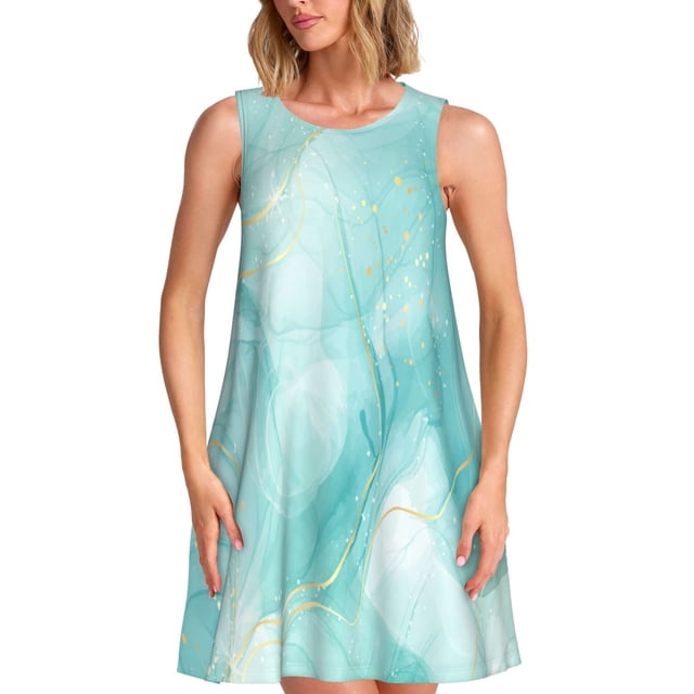 Fotbe Blue Marble Vestido de Verano sin Mangas para Mujer – Vestido Midi Línea A, Estilo Camiseta Floral, Vestido Playero Casual y Fluido