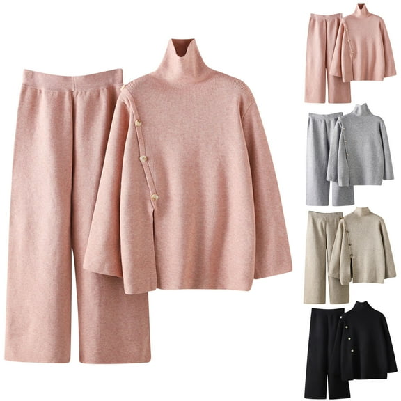 Jinhomg Women's Dressy Sweater Set Trendy 2 Piece Solid Lounge Sets Casual Comfy Long Sleeve Turtleneck and Elastic Waist Pant Outfits with Button Design Gray Free Size