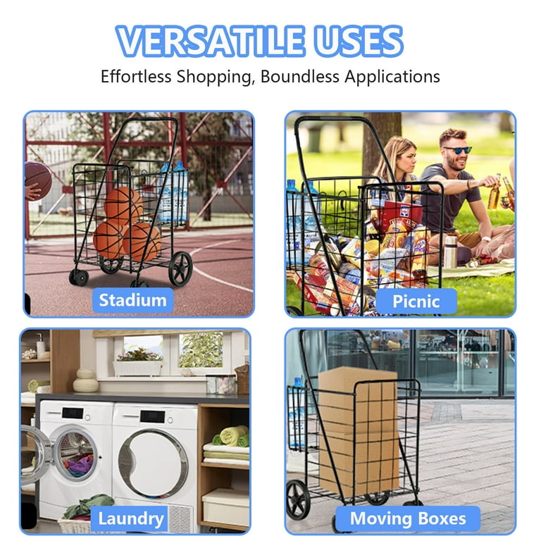 Extra Large Foldable Shopping Cart with 360 Swivel Wheels Heavy Duty Design for Grocery Laundry and Luggage 132 LBS Capacity Walmart