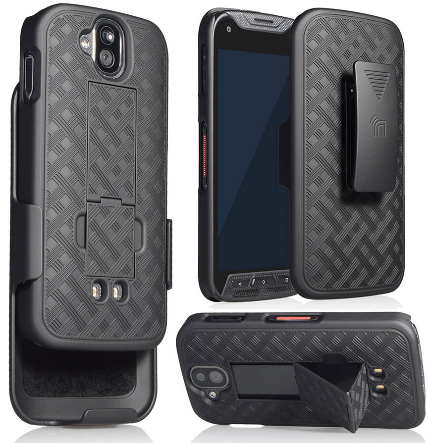 Nakedcellphone Case with Clip compatible with Kyocera Duraforce Pro Phone, [Black Tread] Slim Ribbed Kickstand Cover and [Rotating/Ratchet] Belt Hip Holster Combo fits E6810, E6820, E6830, E6833