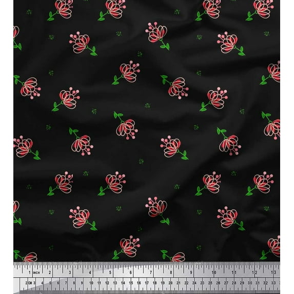 Soimoi Black Japan Crepe Satin Fabric Leaves & Floral Artistic Fabric Prints By Yard 42 Inch Wide