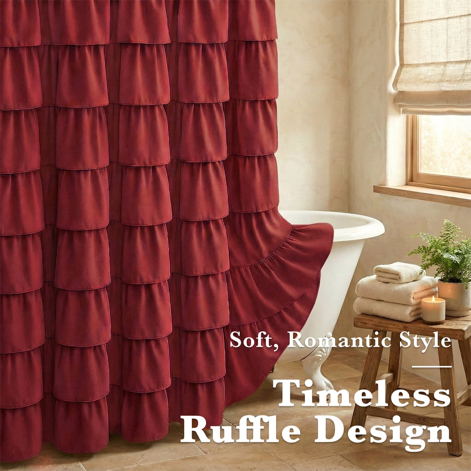 Seasonwood Ruffle Shower Curtain,Burgundy Fabric Bathroom Curtain for Farmhouse Style,72" x 72"