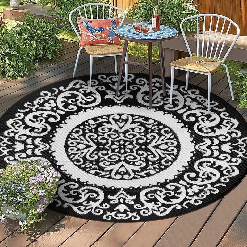 Aonewoe Round Outdoor Rugs 6Ft Waterproof Patio Plastic Straw Rug Reversible Camping Carpet Indoor Outdoor Area Rug for Patio,Deck,Balcony,Picnic,Beach,Outside