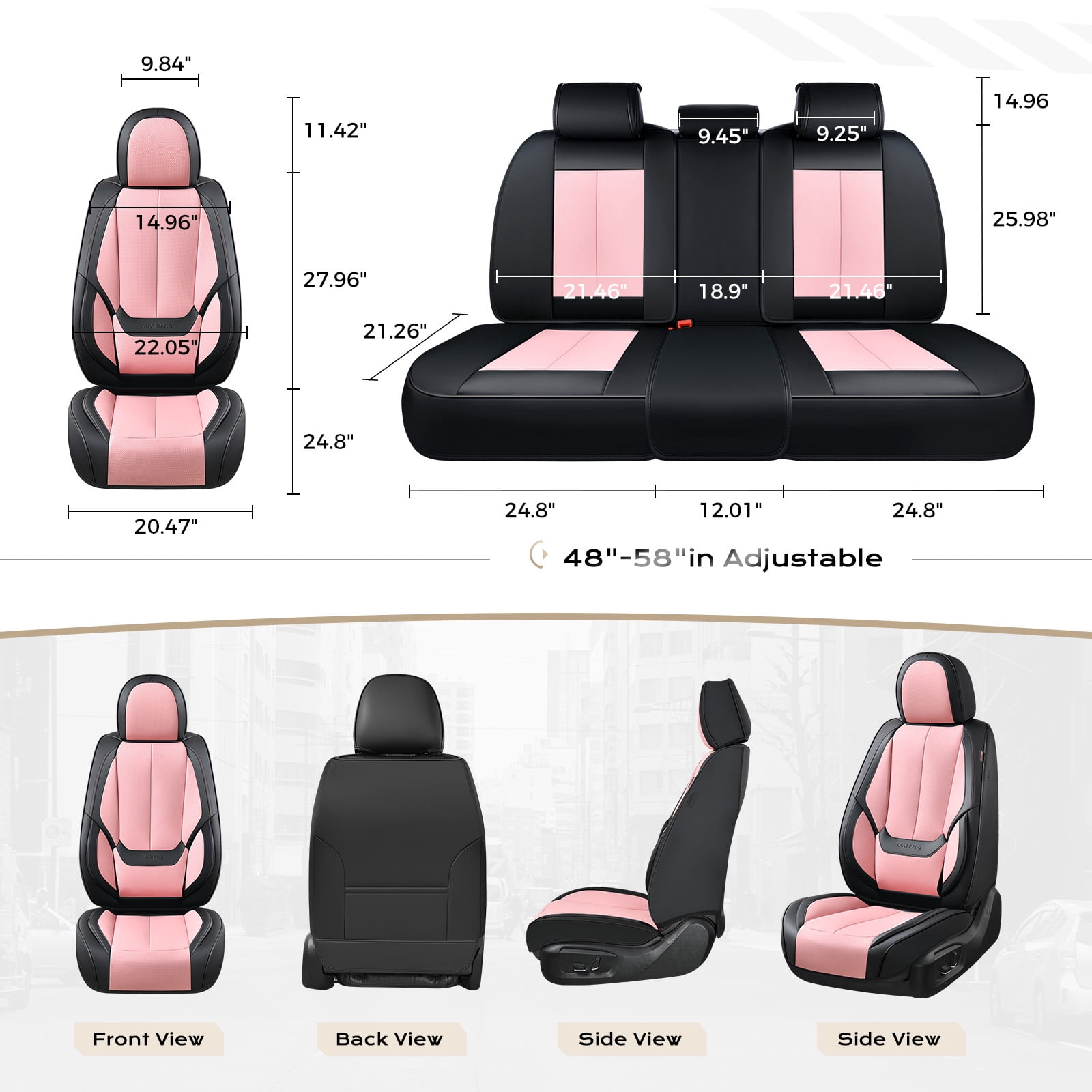 Coverado Black&Pink Car Seat Covers Full Set, Waterproof Premium Leather Front and Back Seat Protectors, Luxury Auto Interior Accessories, Universal Fit Most Cars Sedan SUVs Pick-up Trucks