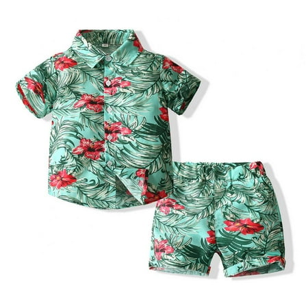 

Bullpiano 1-6Y Toddler Baby Boy Hawaiian Outfit Gentleman Shorts Sets Infant Kids Leaves Floral Short Sleeve Button down Shirt Top+Shorts Suits (Style N)