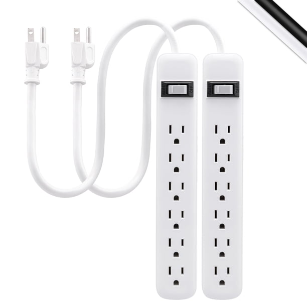 Regleta de alimentación GE de 6 tomacorrientes, paquete de 2, cable de extensión de 1.5 pies, enchufe resistente, conexión a tierra, disyuntor integrado, 3 clavijas, montaje en pared, certificación UL