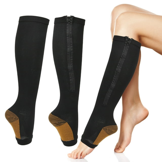 Open Toe Compression Socks, Zipper Compression Socks Leg Shaping Compact for Home Travel Black Splicing,Skin Color Splicing
