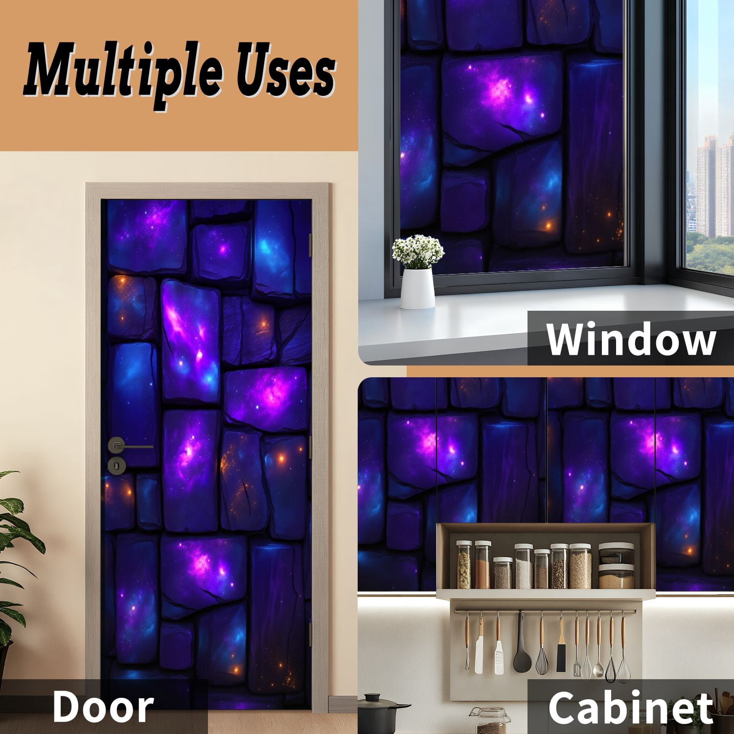 Self Adhesive Vinyl Refrigerator Wrap Set Purple Galaxy Stone Cosmic Colors Door Mural Removable Fridge Sticker Peel and Stick&nbsp;Full Door Cover Decal Kitchen Bar Decor
