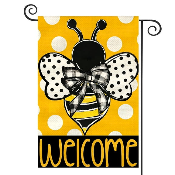 DMERBYL Summer Polka Dot Bee Welcome Garden Flag 12x18 Inch Double Sided Outside, Orange Seasonal Holiday Burlap Yard Outdoor Decoration